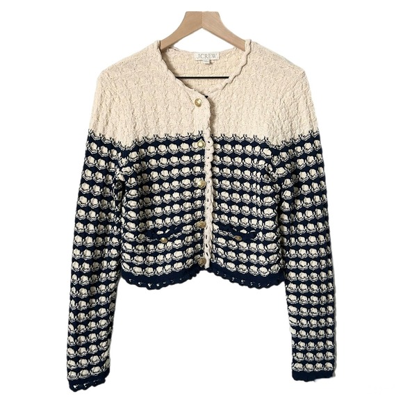 J. Crew Textured Crochet Lady Jacket Button Moroccan Sand Navy Size Small - Picture 2 of 6
